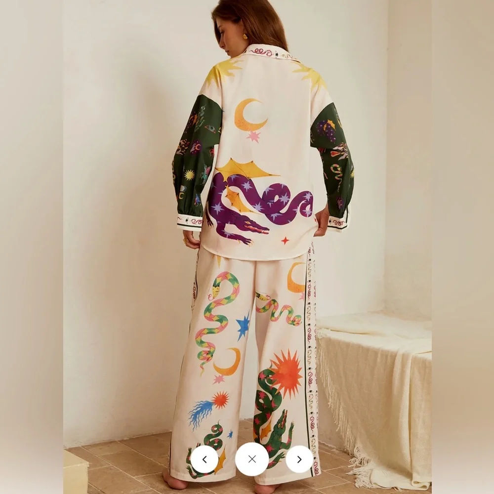 Commense Celestial Zodiac Print Two Piece Set Shirt & Wide Leg Pants XS - Picture 6 of 13